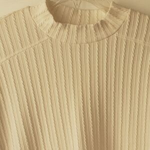 Cream Ribbed 3/4 Sleeve Mandarin Collar Sweatshirt